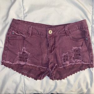 Maroon Distressed Denim Shorts